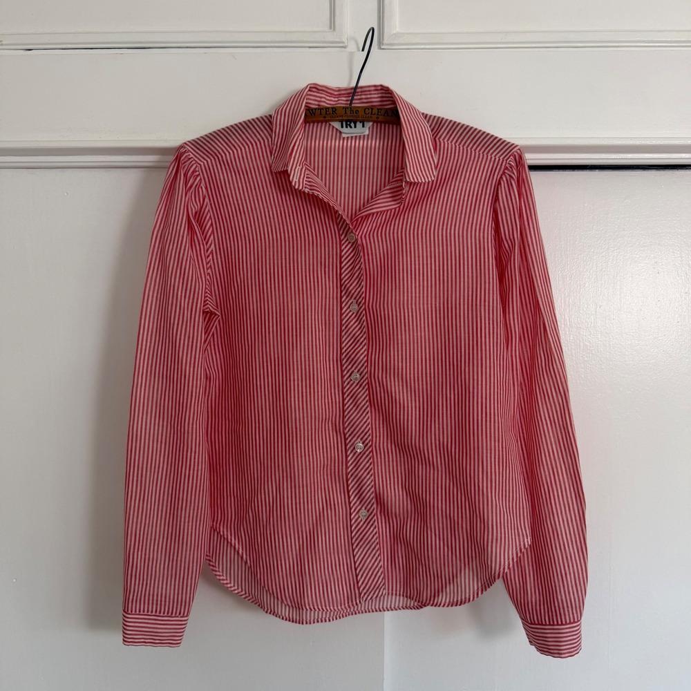 Vintage Try 1 Red White Striped Button Down Blouse Puff Shoulder Long Sleeve